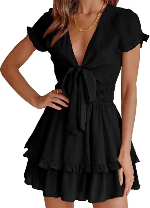 PRETTYGARDEN Women Summer Mini Short Dress 2025 Short Sleeve Casual Beach Vacation Sundress V Neck Tiered Sun Dresses