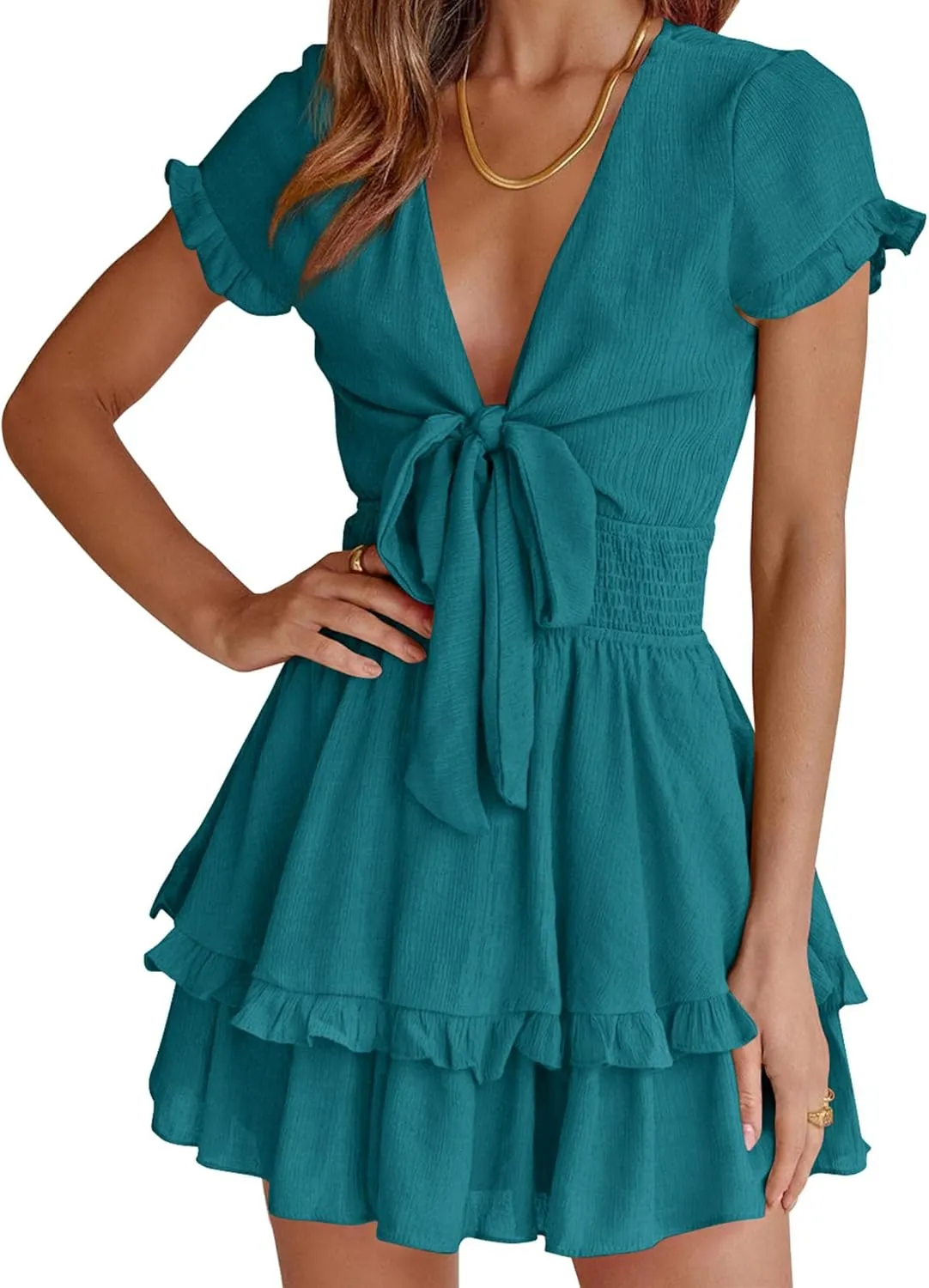 PRETTYGARDEN Women Summer Mini Short Dress 2025 Short Sleeve Casual Beach Vacation Sundress V Neck Tiered Sun Dresses