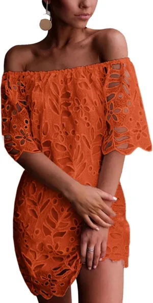 PRETTYGARDEN Women's Summer Off Shoulder Dresses Floral Lace Flare Short Sleeve Spring Vintage Elegant Mini Dress