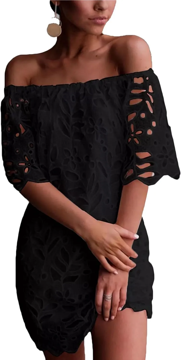 PRETTYGARDEN Women's Summer Off Shoulder Dresses Floral Lace Flare Short Sleeve Spring Vintage Elegant Mini Dress