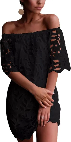 PRETTYGARDEN Women's Summer Off Shoulder Dresses Floral Lace Flare Short Sleeve Spring Vintage Elegant Mini Dress