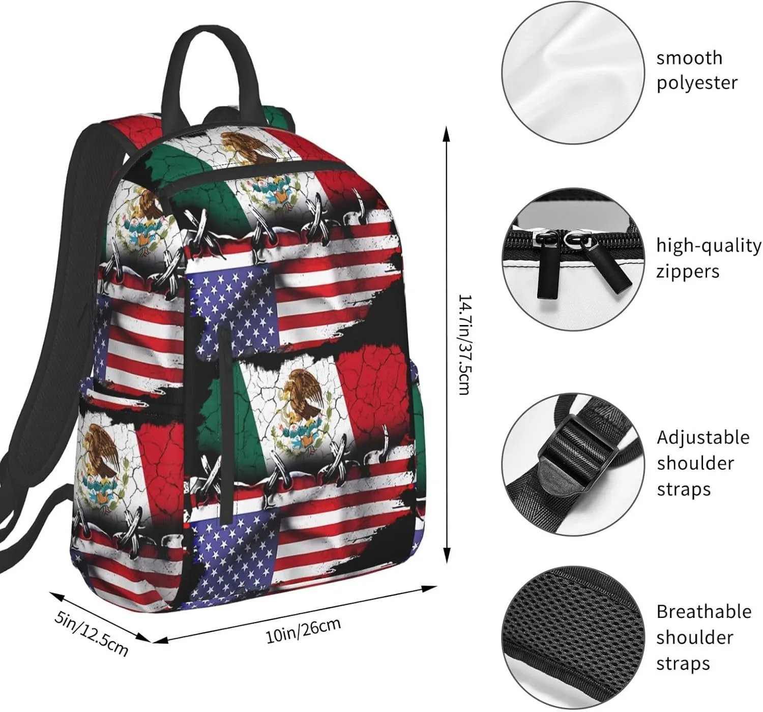 Pride Mexican American Flag Travel Backpacks Casual Laptop Backpack Sport Rucksack Large Capacity Daypack Multi-Pockets Adjustable Strap Bag for Working Hiking