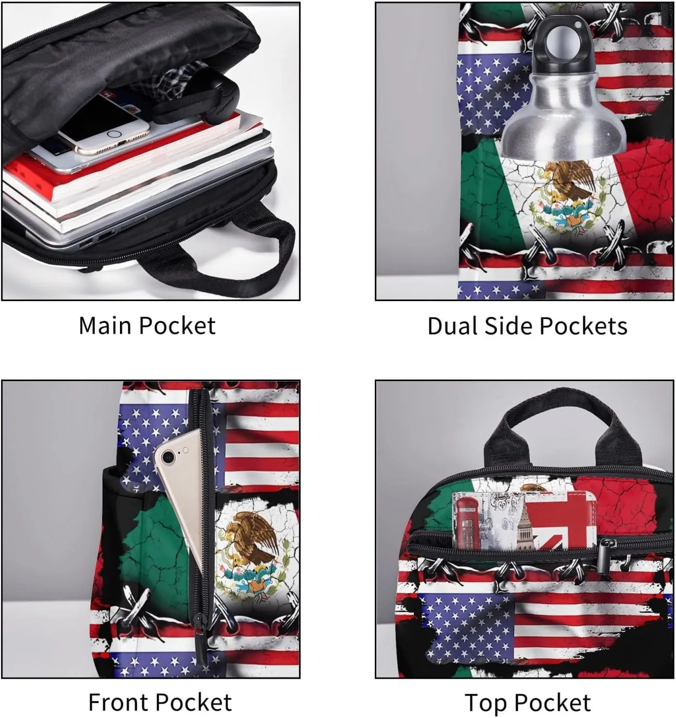 Pride Mexican American Flag Travel Backpacks Casual Laptop Backpack Sport Rucksack Large Capacity Daypack Multi-Pockets Adjustable Strap Bag for Working Hiking