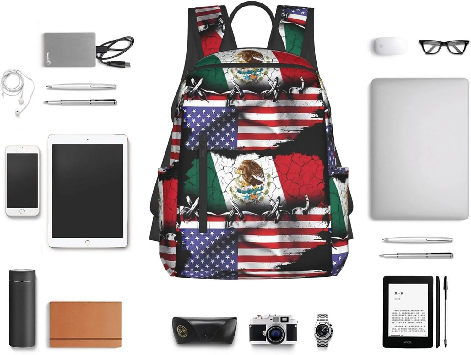 Pride Mexican American Flag Travel Backpacks Casual Laptop Backpack Sport Rucksack Large Capacity Daypack Multi-Pockets Adjustable Strap Bag for Working Hiking