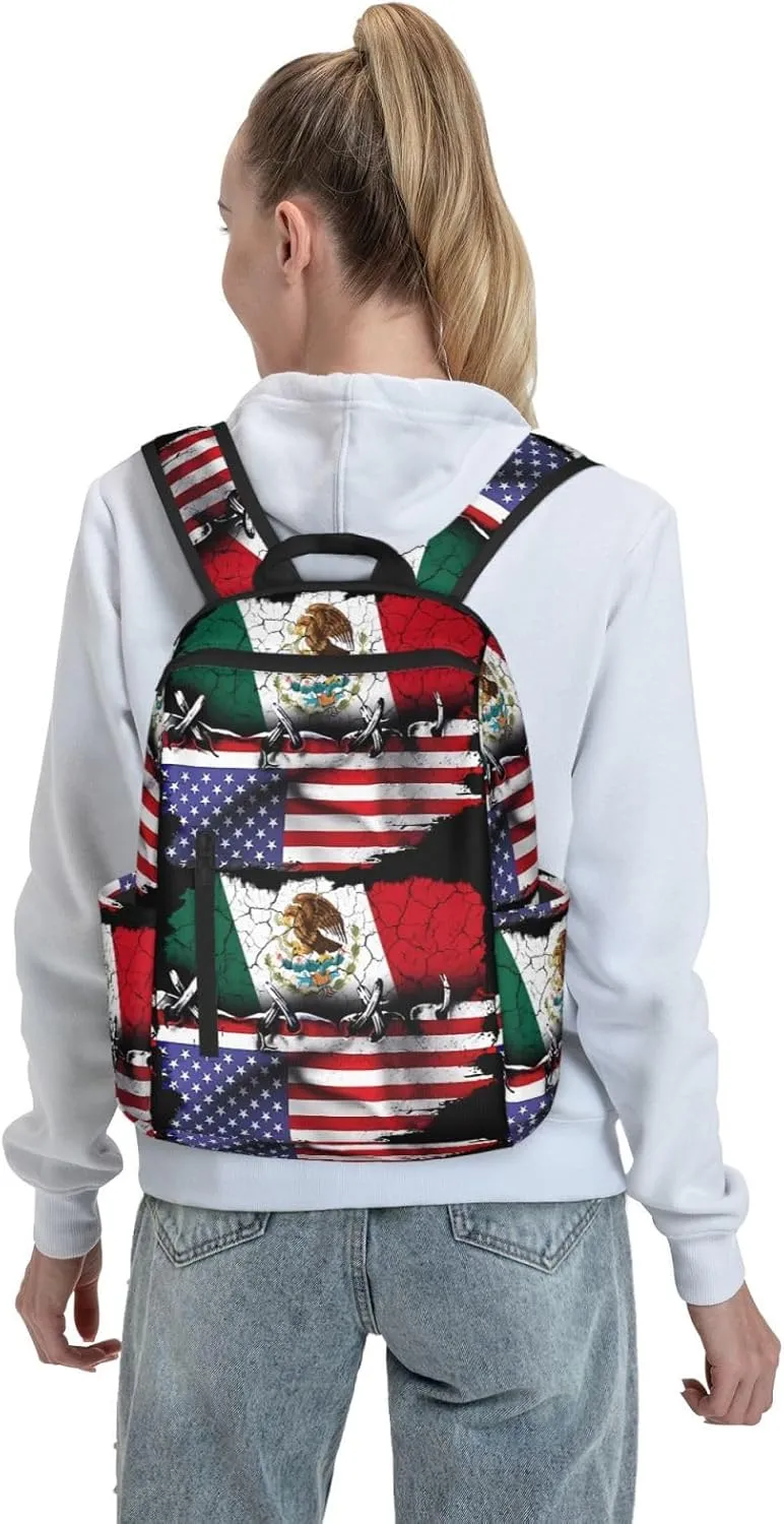 Pride Mexican American Flag Travel Backpacks Casual Laptop Backpack Sport Rucksack Large Capacity Daypack Multi-Pockets Adjustable Strap Bag for Working Hiking