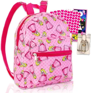 Princess Peach Mini Backpack for Girls - Bundle with 10" Princess Peach Backpack with Front Pocket Plus Stickers, More | Super Mario Backpack for Women