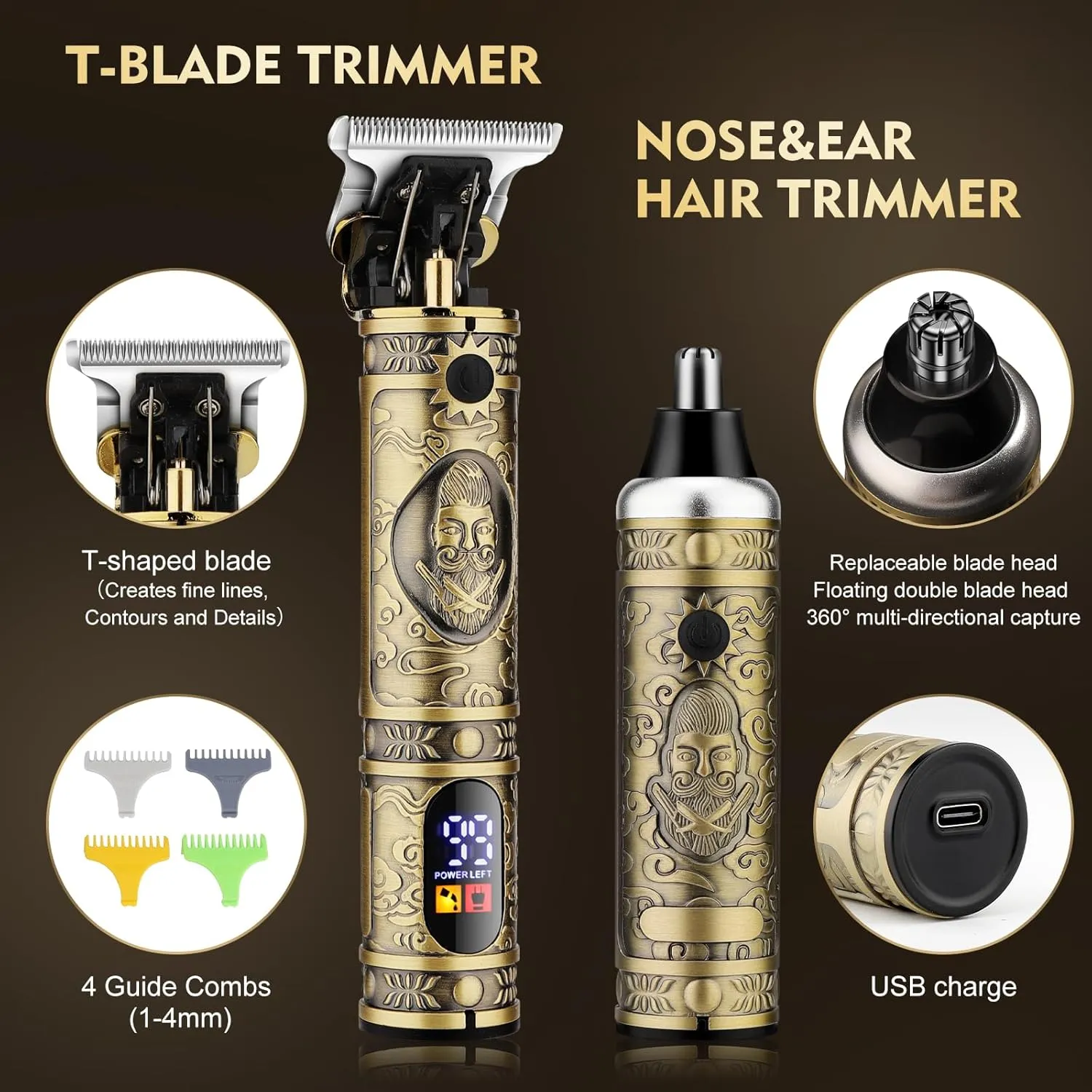 Professional Hair Clippers for Men,Hair Clippers T-Blade Trimmer Electric Shaver Nose Hair Trimmer Set,4 in 1 Cordless Barber Hair Cutting Kit LCD Display Gifts (Gold)