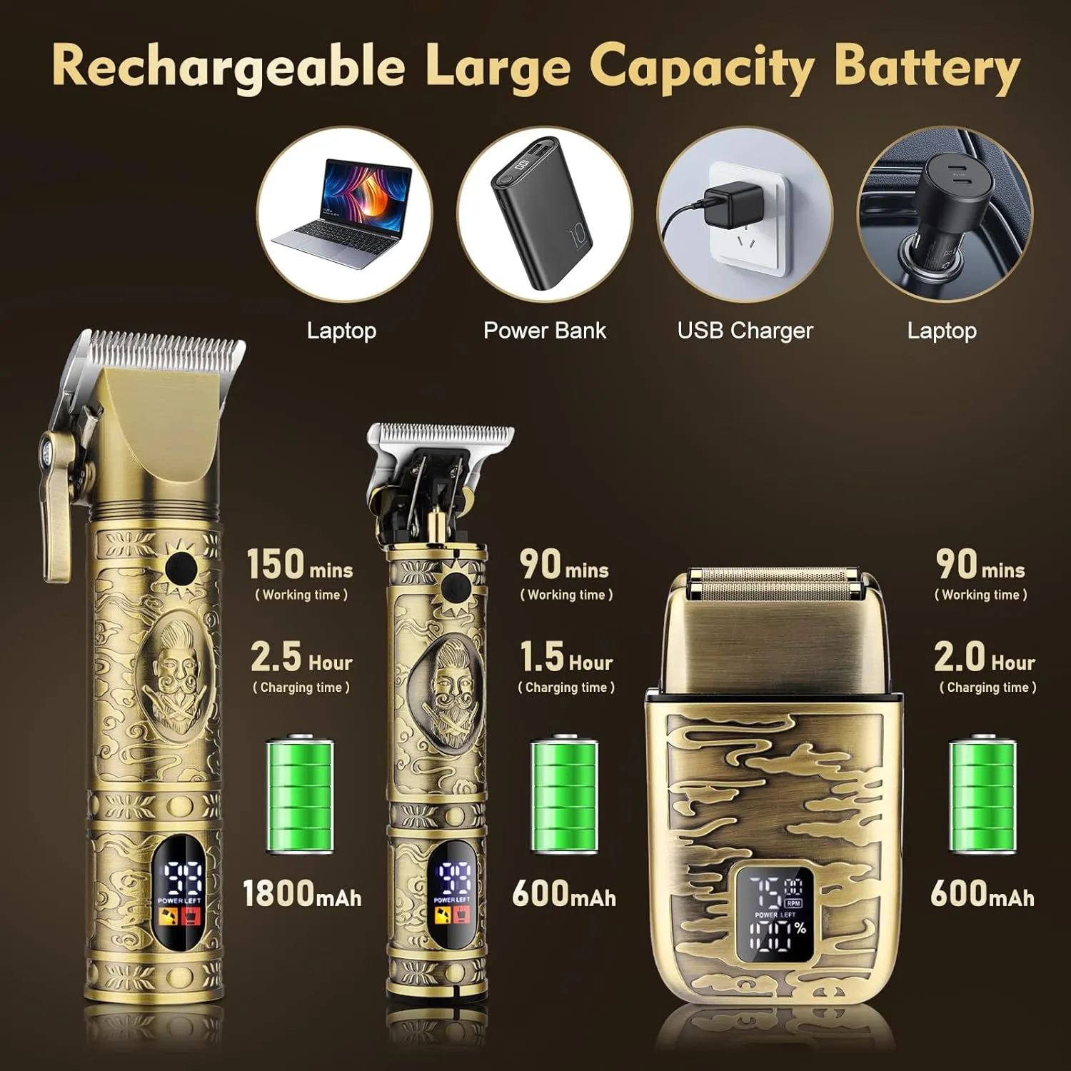 Professional Hair Clippers for Men,Hair Clippers T-Blade Trimmer Electric Shaver Nose Hair Trimmer Set,4 in 1 Cordless Barber Hair Cutting Kit LCD Display Gifts (Gold)