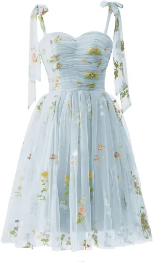 Puffy Sleeve Prom Dresses Flower Embroidery Tulle Backless A-line Lace Formal Evening Party Gown for Women