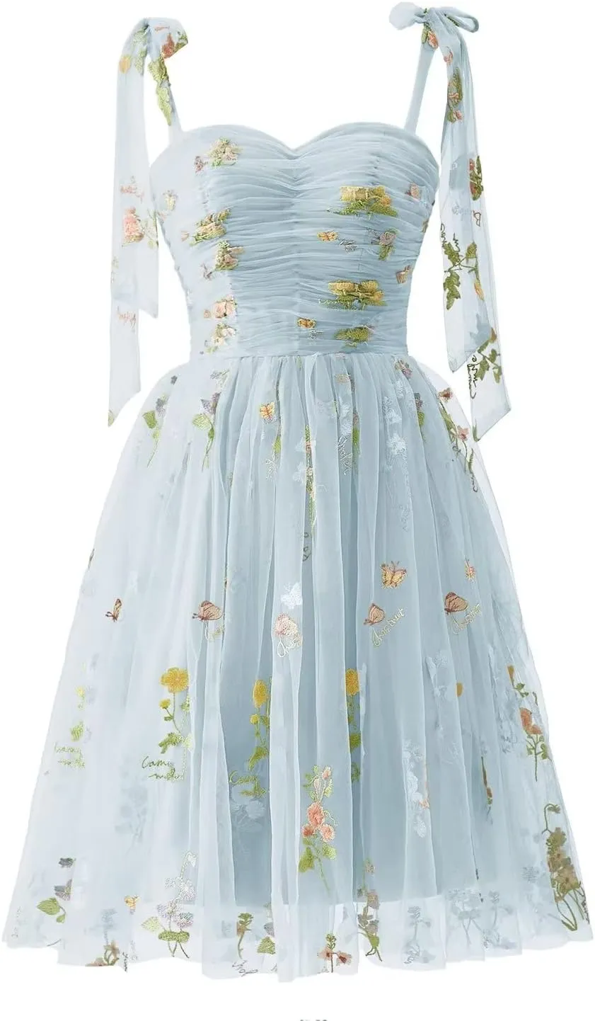 Puffy Sleeve Prom Dresses Flower Embroidery Tulle Backless A-line Lace Formal Evening Party Gown for Women