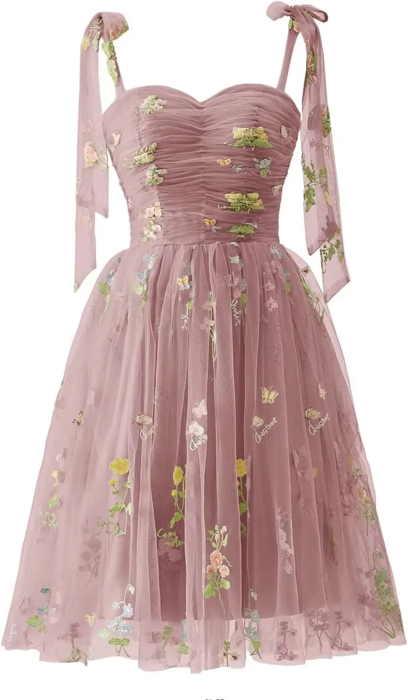 Puffy Sleeve Prom Dresses Flower Embroidery Tulle Backless A-line Lace Formal Evening Party Gown for Women