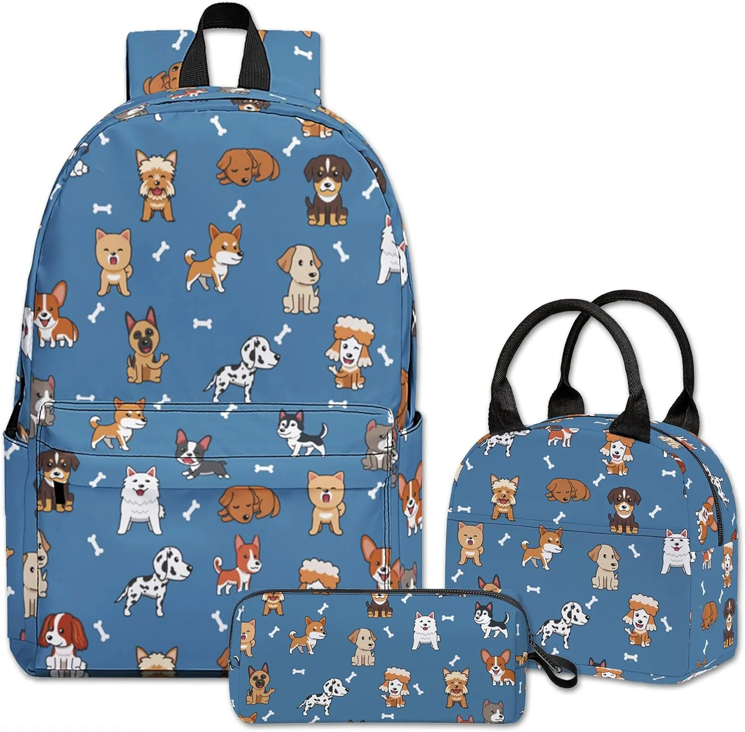 Puppy Printed Backpack Set, 3 Piece Backpack Set with Lunch Box Pen Box for Boys Girls, High Capacity Bookbag Lunch Bag Pencil Case for Men Women Workplace Travel