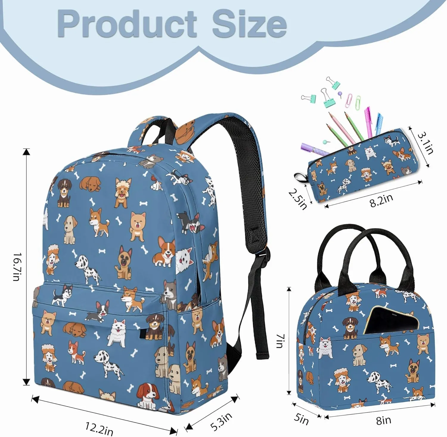 Puppy Printed Backpack Set, 3 Piece Backpack Set with Lunch Box Pen Box for Boys Girls, High Capacity Bookbag Lunch Bag Pencil Case for Men Women Workplace Travel