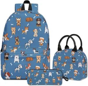 Puppy Printed Backpack Set, 3 Piece Backpack Set with Lunch Box Pen Box for Boys Girls, High Capacity Bookbag Lunch Bag Pencil Case for Men Women Workplace Travel
