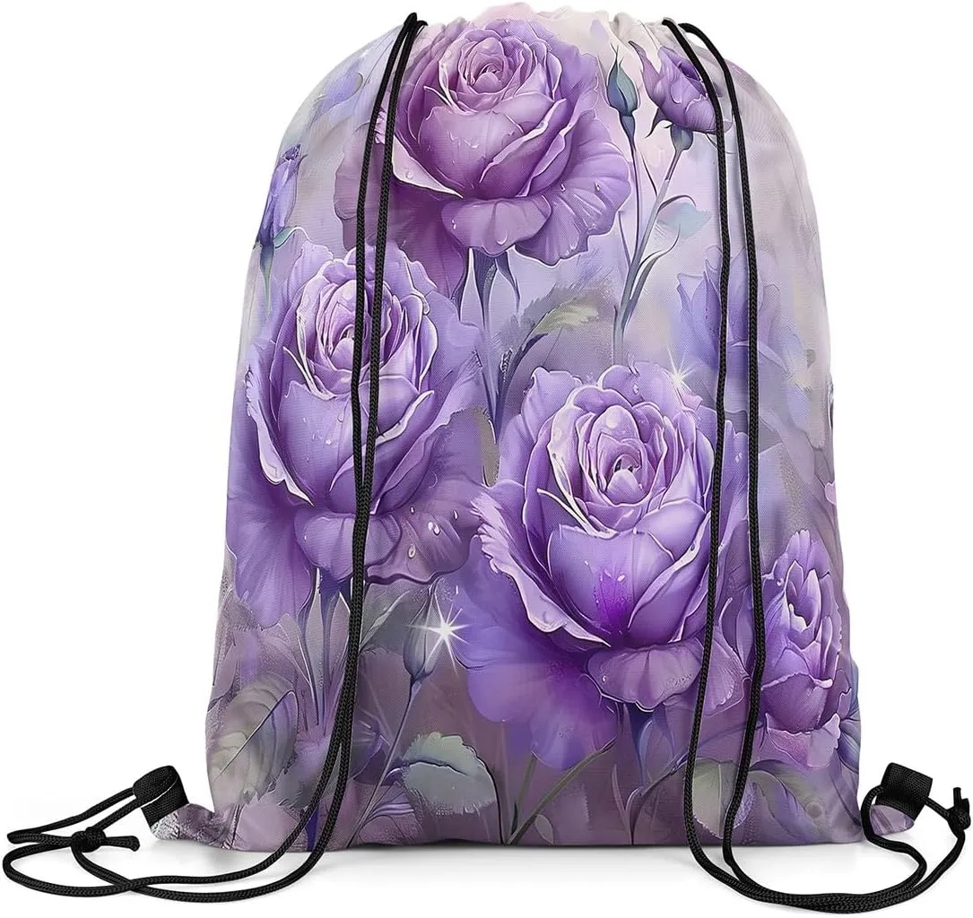 Purple Flowers Drawstring Backpack,Nature Garden Blooming Floral Drawstring Bags Shoulder Bag,Rustic Botanical Flower Petals Aesthetic Draw String Bag for Picnic Gym Sport Travel