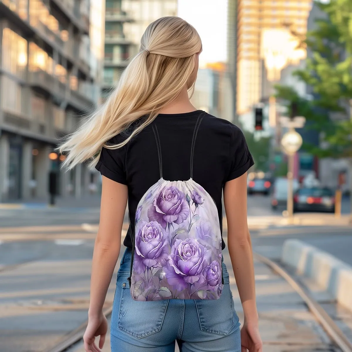 Purple Flowers Drawstring Backpack,Nature Garden Blooming Floral Drawstring Bags Shoulder Bag,Rustic Botanical Flower Petals Aesthetic Draw String Bag for Picnic Gym Sport Travel