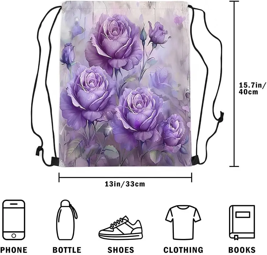 Purple Flowers Drawstring Backpack,Nature Garden Blooming Floral Drawstring Bags Shoulder Bag,Rustic Botanical Flower Petals Aesthetic Draw String Bag for Picnic Gym Sport Travel