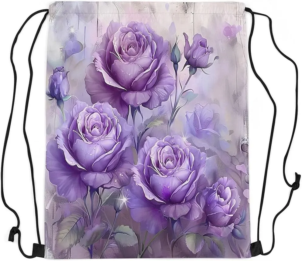 Purple Flowers Drawstring Backpack,Nature Garden Blooming Floral Drawstring Bags Shoulder Bag,Rustic Botanical Flower Petals Aesthetic Draw String Bag for Picnic Gym Sport Travel