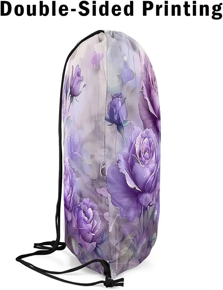 Purple Flowers Drawstring Backpack,Nature Garden Blooming Floral Drawstring Bags Shoulder Bag,Rustic Botanical Flower Petals Aesthetic Draw String Bag for Picnic Gym Sport Travel