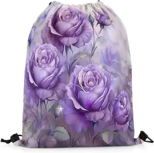 Purple Flowers Drawstring Backpack,Nature Garden Blooming Floral Drawstring Bags Shoulder Bag,Rustic Botanical Flower Petals Aesthetic Draw String Bag for Picnic Gym Sport Travel