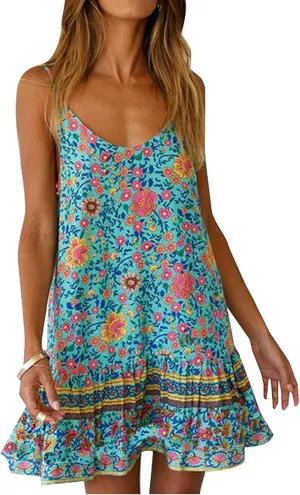 Qearal Womens Boho Floral Printed Dress Summer Sleeveless Adjustable Strap Beach Mini Dress with Pockets