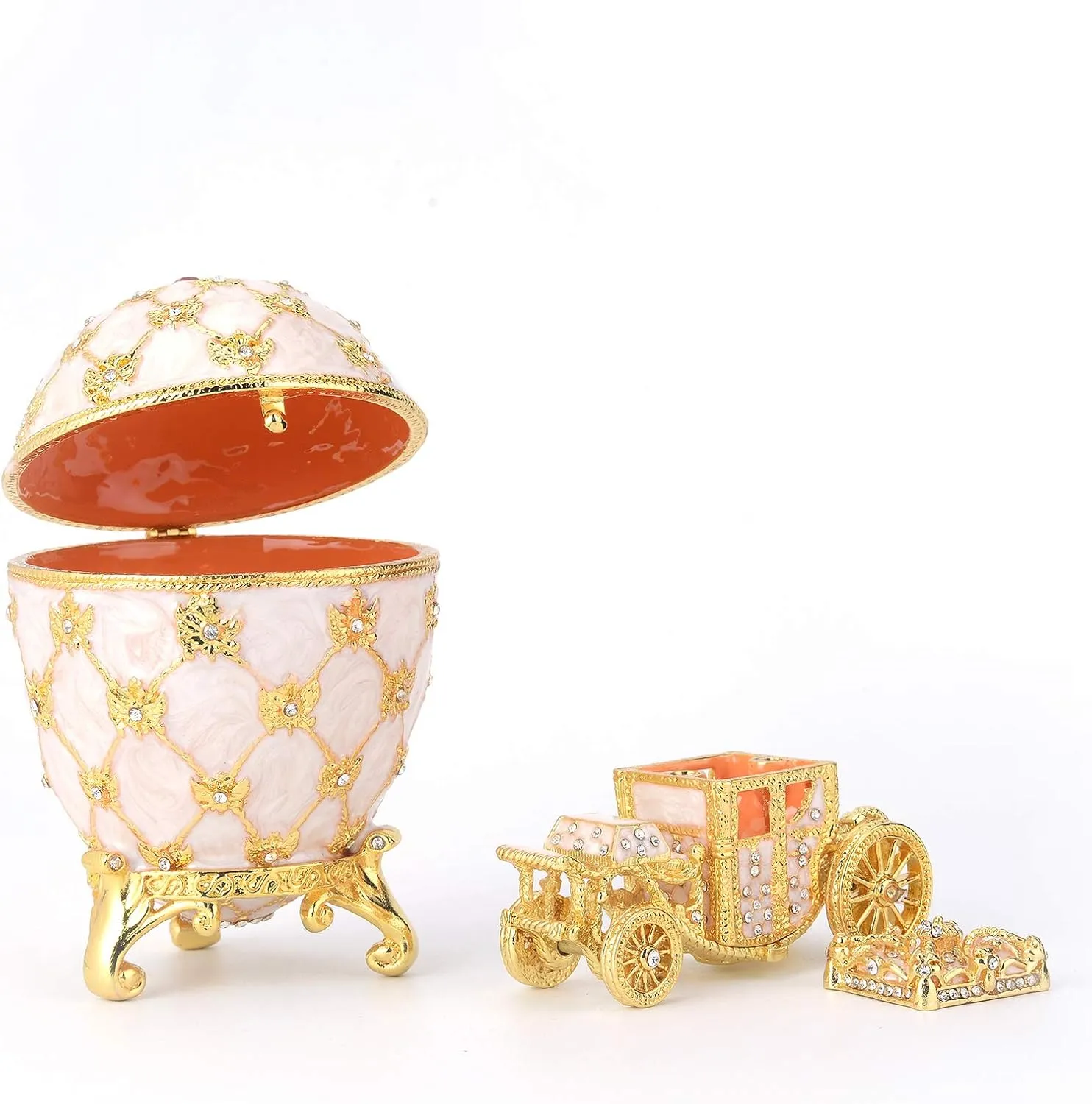 QIFU Vintage White Easter Egg Style Jewelry Trinket Box with Mini Royal Carriage, Unique Gift for Easter Collection