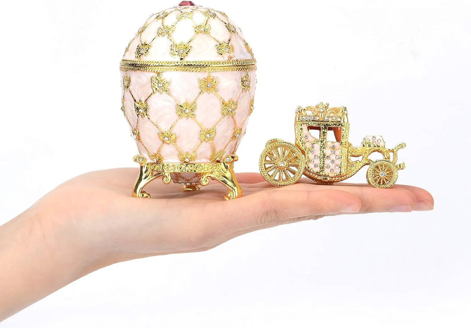 QIFU Vintage White Easter Egg Style Jewelry Trinket Box with Mini Royal Carriage, Unique Gift for Easter Collection