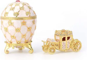 QIFU Vintage White Easter Egg Style Jewelry Trinket Box with Mini Royal Carriage, Unique Gift for Easter Collection