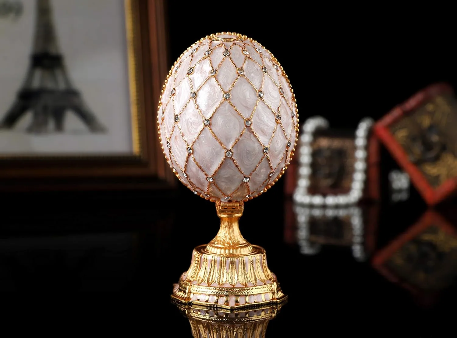 QIFU Vintage White Easter Egg Style White Enameled Trinket Box with Mini Crown Unique Gift for Family