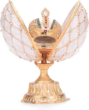 QIFU Vintage White Easter Egg Style White Enameled Trinket Box with Mini Crown Unique Gift for Family