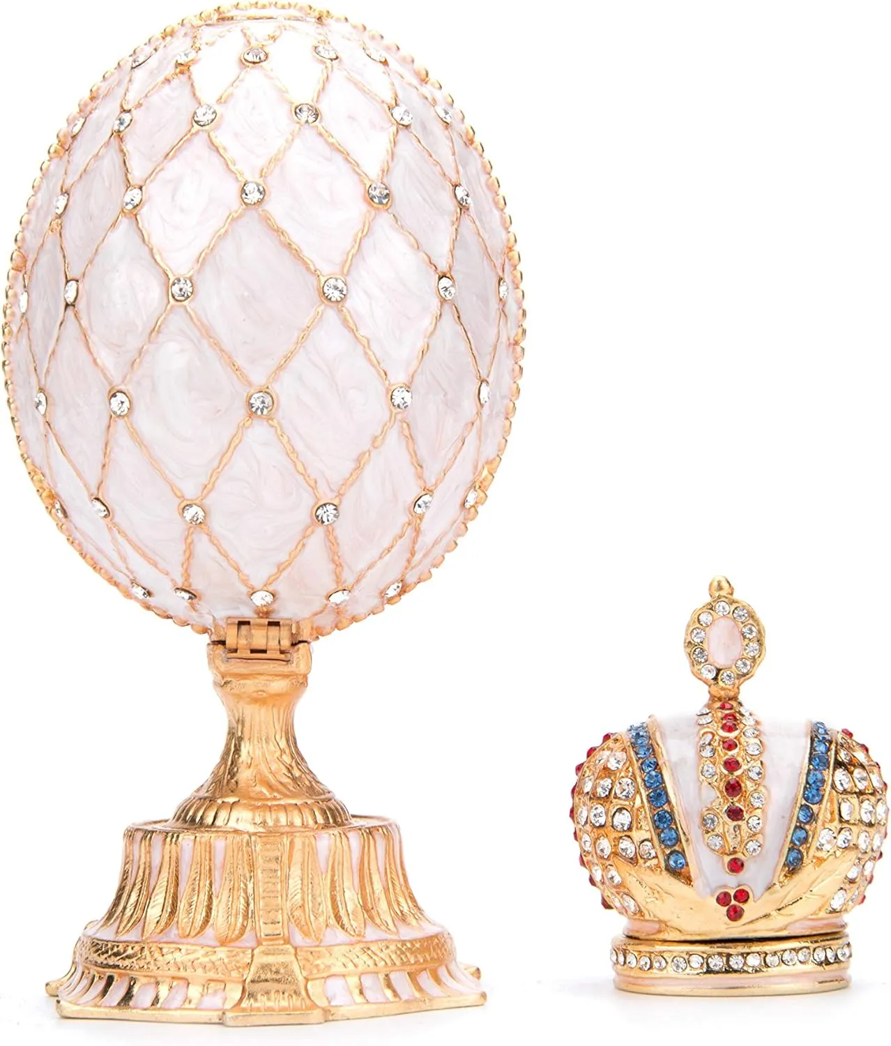 QIFU Vintage White Easter Egg Style White Enameled Trinket Box with Mini Crown Unique Gift for Family