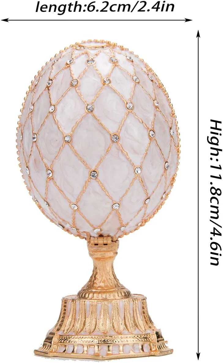 QIFU Vintage White Easter Egg Style White Enameled Trinket Box with Mini Crown Unique Gift for Family