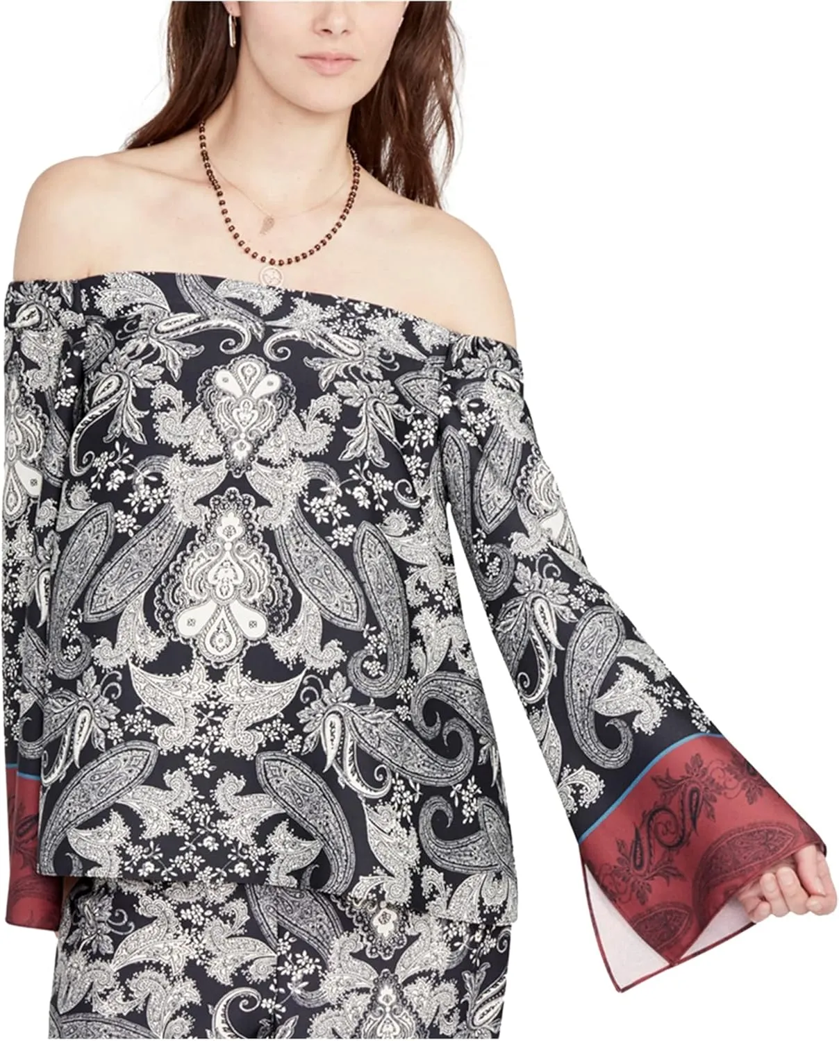 Rachel Roy Womens Paisley Peasant Blouse, Black, Medium