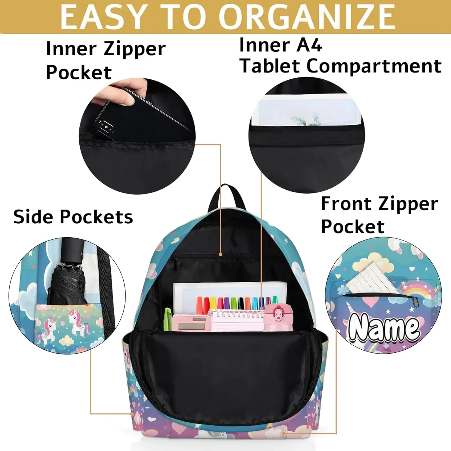 Rainbow Unicorns Personalized Backpack Bag with Name Lightweight Custom Shoulder Bags Waterproof Casual Backpacks Travel Laptop Bag 15.1in