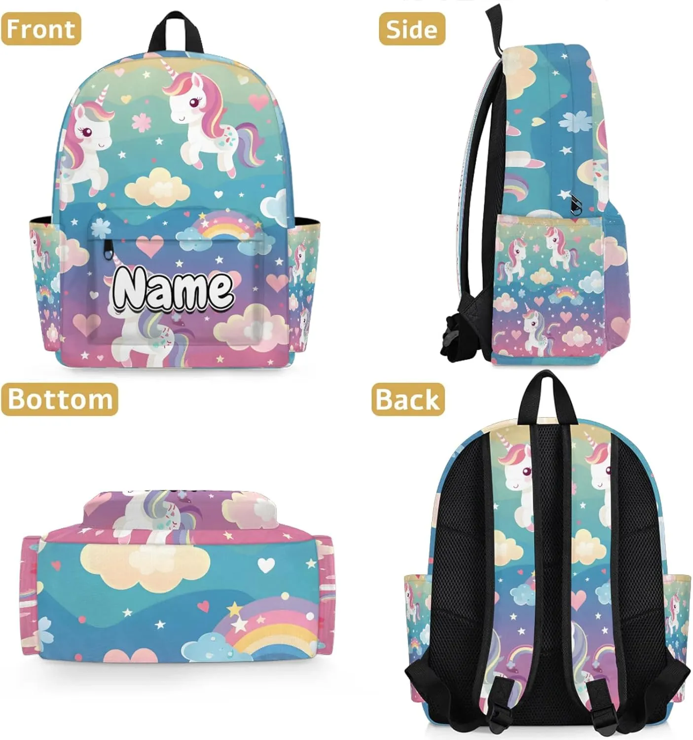 Rainbow Unicorns Personalized Backpack Bag with Name Lightweight Custom Shoulder Bags Waterproof Casual Backpacks Travel Laptop Bag 15.1in