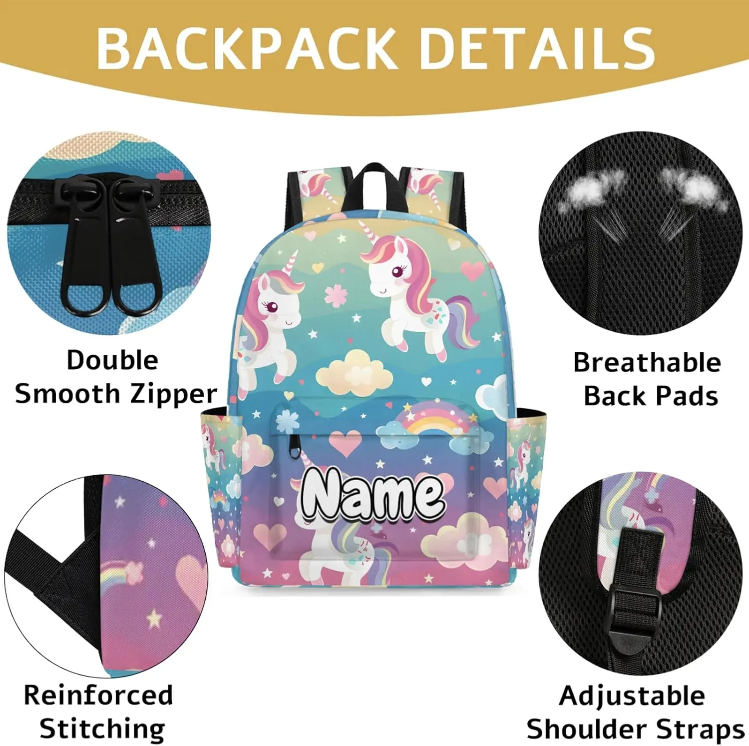 Rainbow Unicorns Personalized Backpack Bag with Name Lightweight Custom Shoulder Bags Waterproof Casual Backpacks Travel Laptop Bag 15.1in