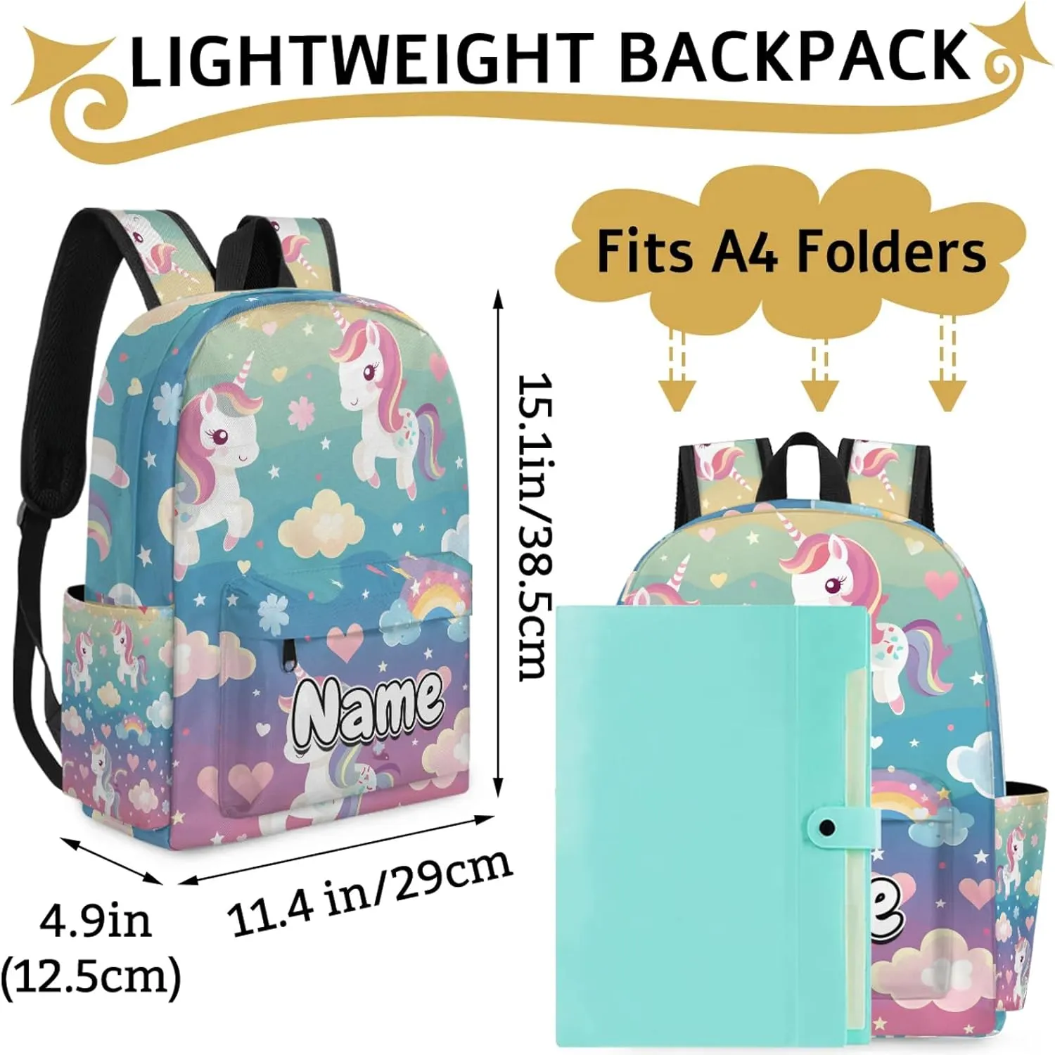 Rainbow Unicorns Personalized Backpack Bag with Name Lightweight Custom Shoulder Bags Waterproof Casual Backpacks Travel Laptop Bag 15.1in