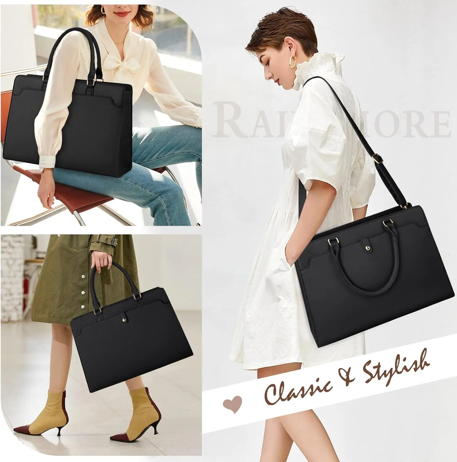 RAINSMORE Laptop Bag for Women 15.6 Inch Laptop Tote Bag Leather Work Bag Waterproof Womens Briefcase Business Office Computer Tote Bag Large Capacity Handbag Shoulder Bag Black