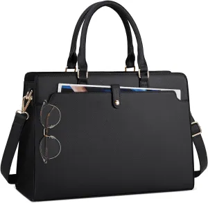 RAINSMORE Laptop Bag for Women 15.6 Inch Laptop Tote Bag Leather Work Bag Waterproof Womens Briefcase Business Office Computer Tote Bag Large Capacity Handbag Shoulder Bag Black