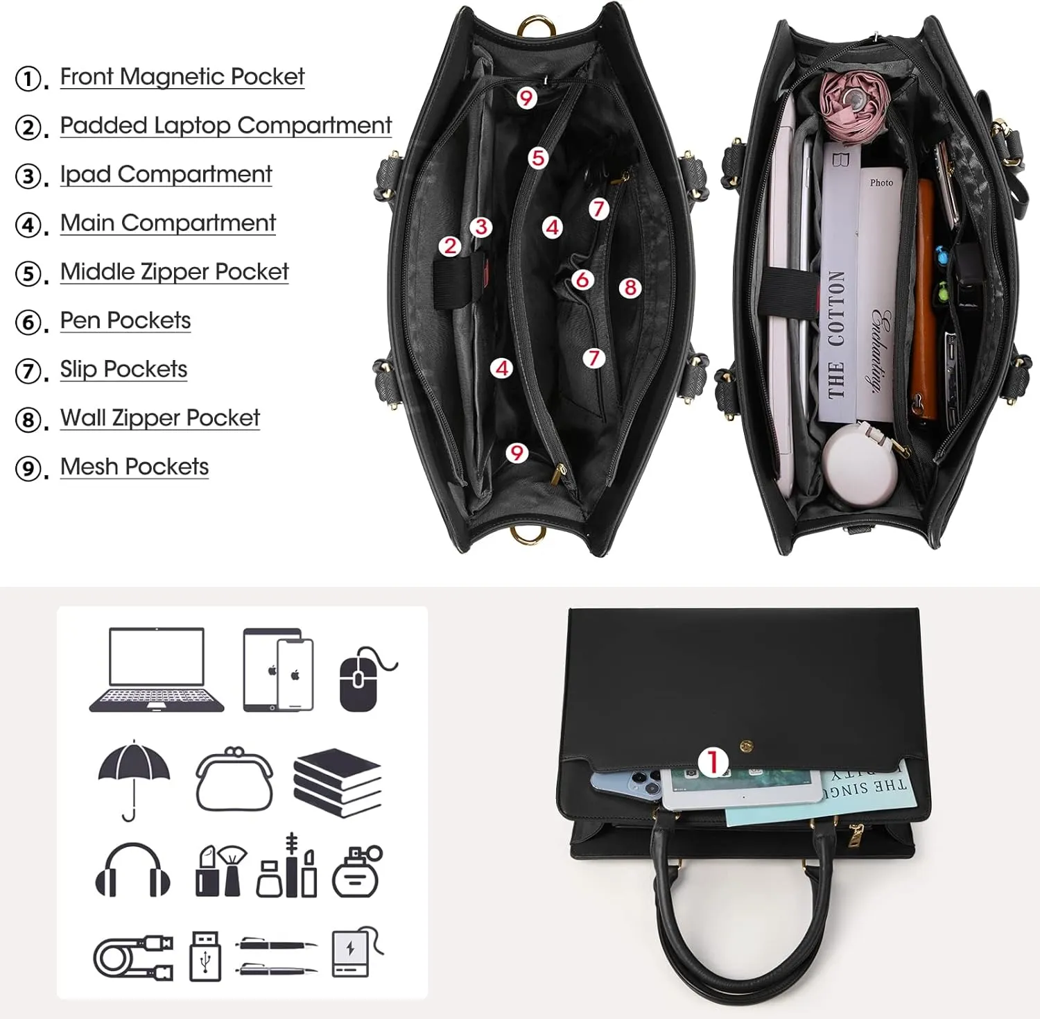 RAINSMORE Laptop Bag for Women 15.6 Inch Laptop Tote Bag Leather Work Bag Waterproof Womens Briefcase Business Office Computer Tote Bag Large Capacity Handbag Shoulder Bag Black