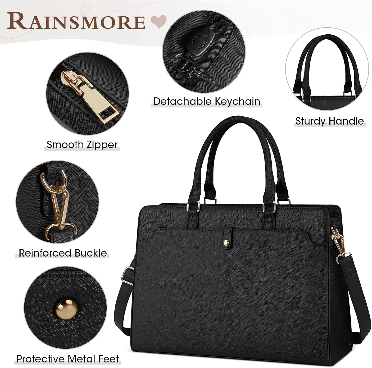 RAINSMORE Laptop Bag for Women 15.6 Inch Laptop Tote Bag Leather Work Bag Waterproof Womens Briefcase Business Office Computer Tote Bag Large Capacity Handbag Shoulder Bag Black