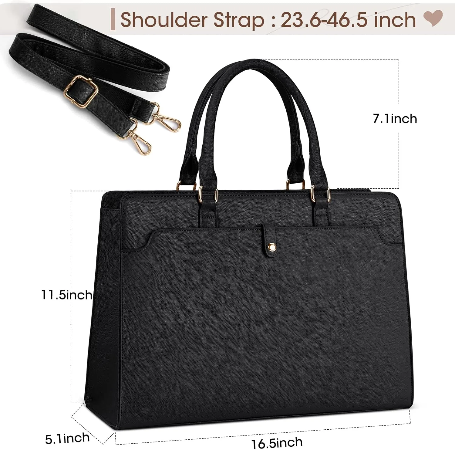 RAINSMORE Laptop Bag for Women 15.6 Inch Laptop Tote Bag Leather Work Bag Waterproof Womens Briefcase Business Office Computer Tote Bag Large Capacity Handbag Shoulder Bag Black
