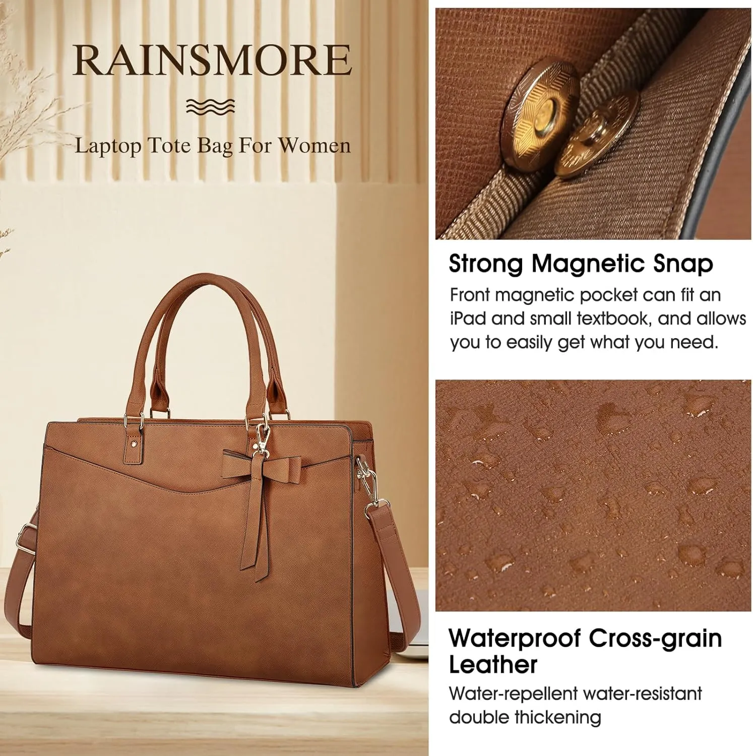 RAINSMORE Laptop Bag for Women 15.6 Inch PU Leather Laptop Tote Bag Professional Business Office Briefcase Waterproof Work Bag Computer Tote Bag Large Lightweight Handbag Shoulder Bag