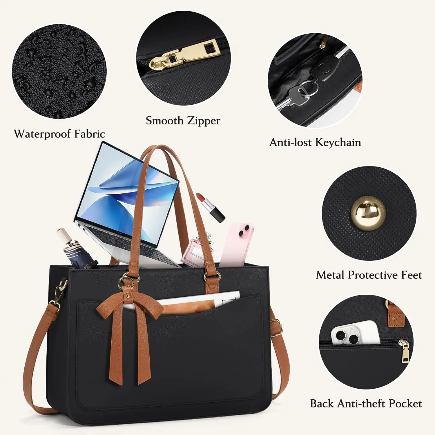 RAINSMORE Laptop Bag for Women 15.6 Inch Work Tote Bags Leather Laptop Tote Waterproof Computer Bag Professional Office Briefcase Large Handbag for College Teacher Travel,Black and Brown