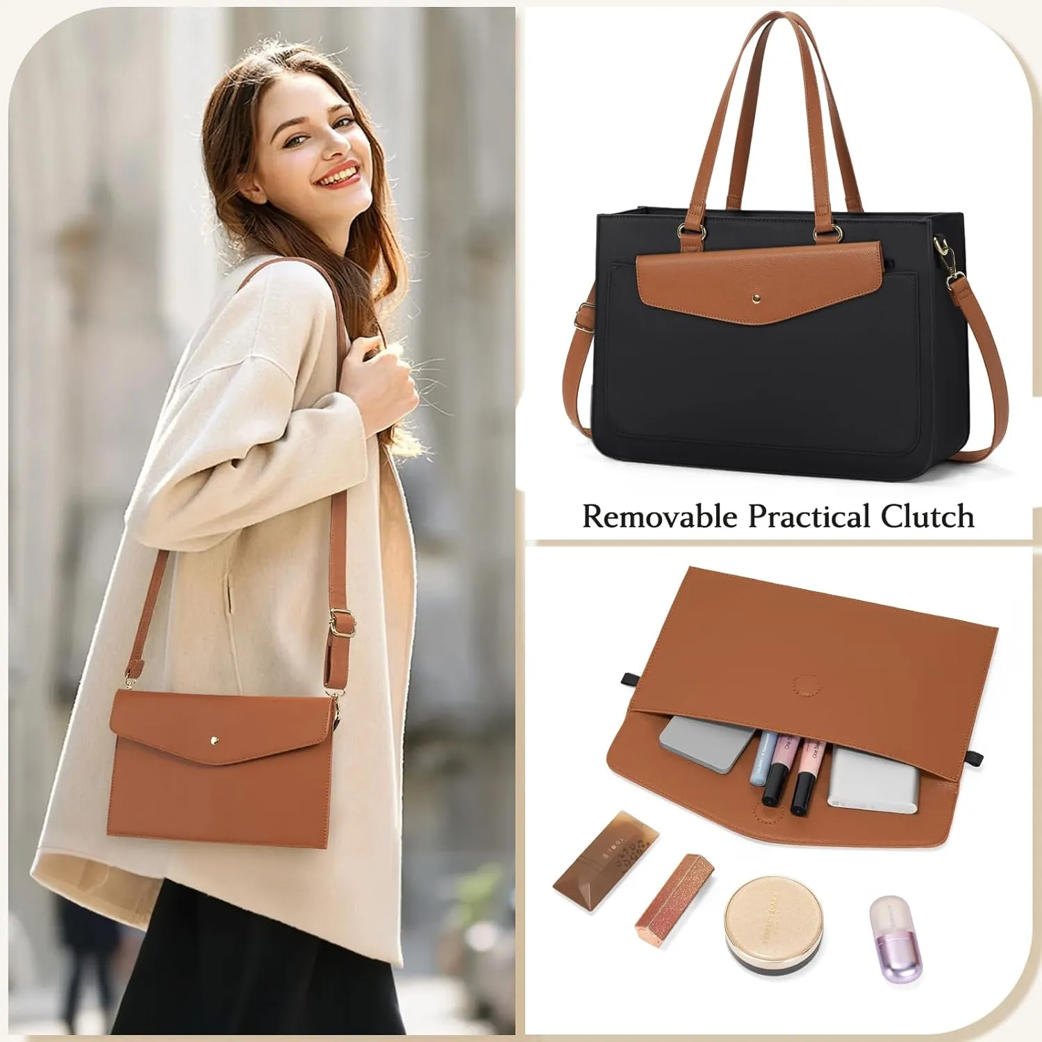 RAINSMORE Laptop Bag for Women 15.6 Inch Work Tote Bags Leather Laptop Tote Waterproof Computer Bag Professional Office Briefcase Large Handbag for College Teacher Travel,Black and Brown