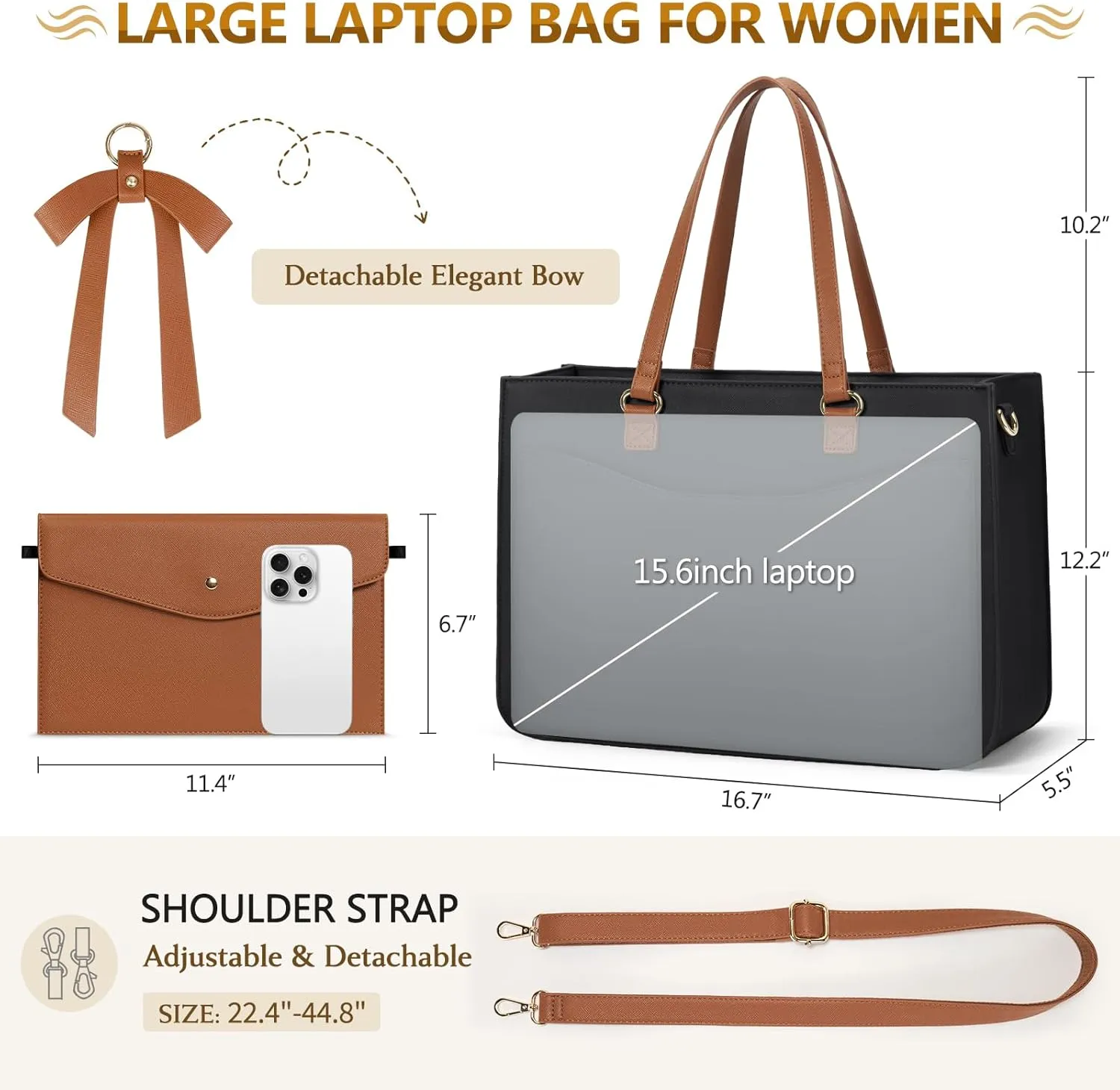 RAINSMORE Laptop Bag for Women 15.6 Inch Work Tote Bags Leather Laptop Tote Waterproof Computer Bag Professional Office Briefcase Large Handbag for College Teacher Travel,Black and Brown