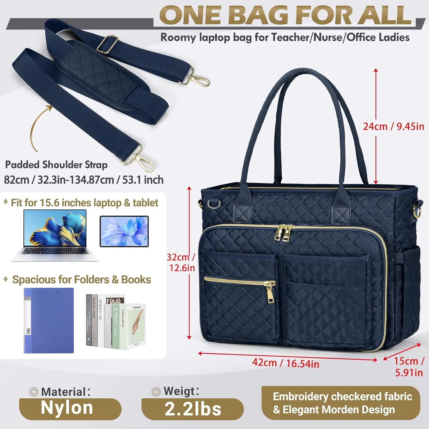 RAINSMORE Teacher Tote Bag 15.6 inch Laptop Bag for Women Work Bags Laptop Tote Nurse Bag Professional Computer Messenger with Insulated Pocket, Laptop Briefcase for Office, College, Dark Blue