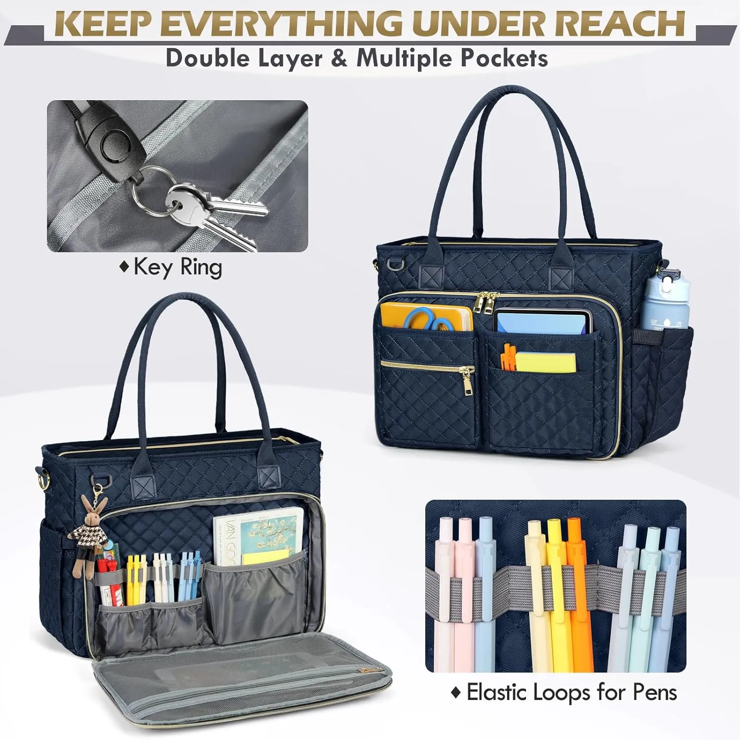 RAINSMORE Teacher Tote Bag 15.6 inch Laptop Bag for Women Work Bags Laptop Tote Nurse Bag Professional Computer Messenger with Insulated Pocket, Laptop Briefcase for Office, College, Dark Blue