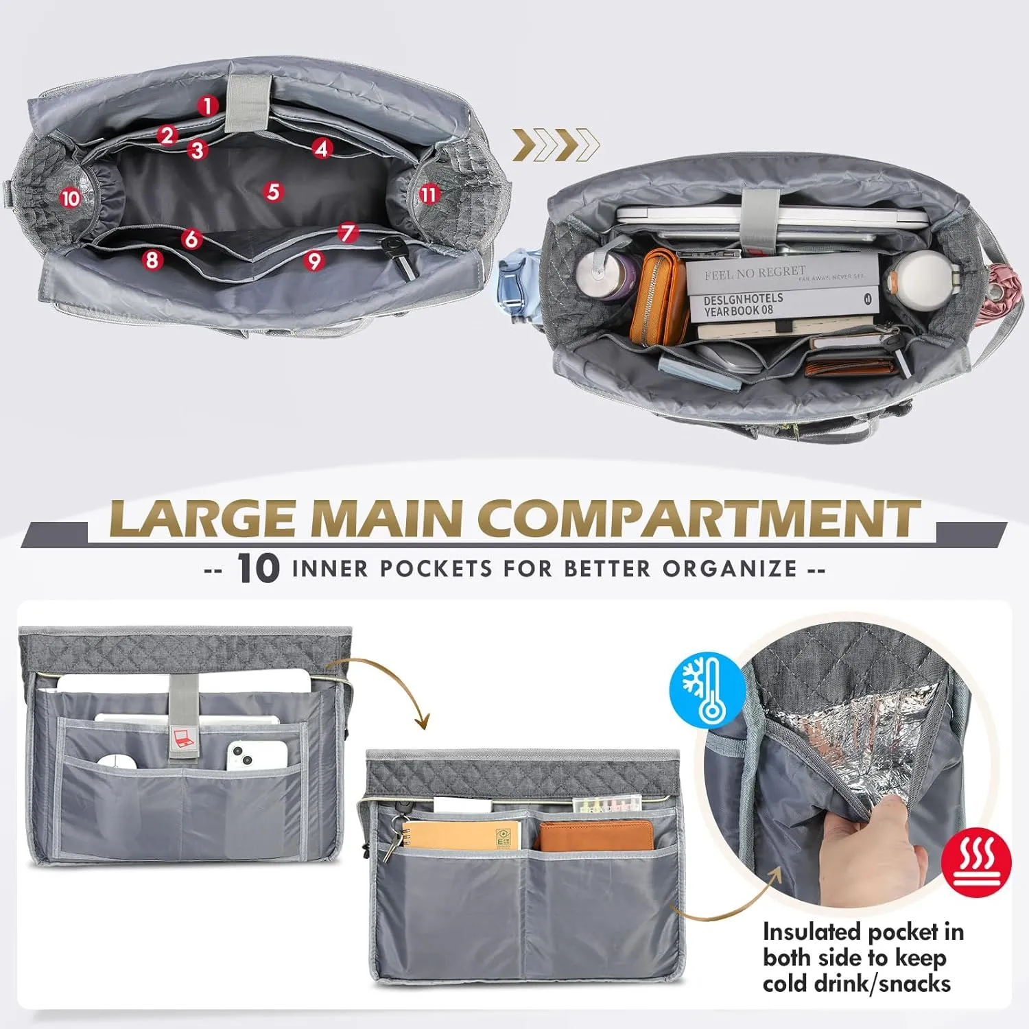 RAINSMORE Teacher Tote Bag 15.6 inch Laptop Bag for Women Work Bags Laptop Tote Nurse Bag Professional Computer Messenger with Insulated Pocket, Laptop Briefcase for Office, College, Nursing, Grey
