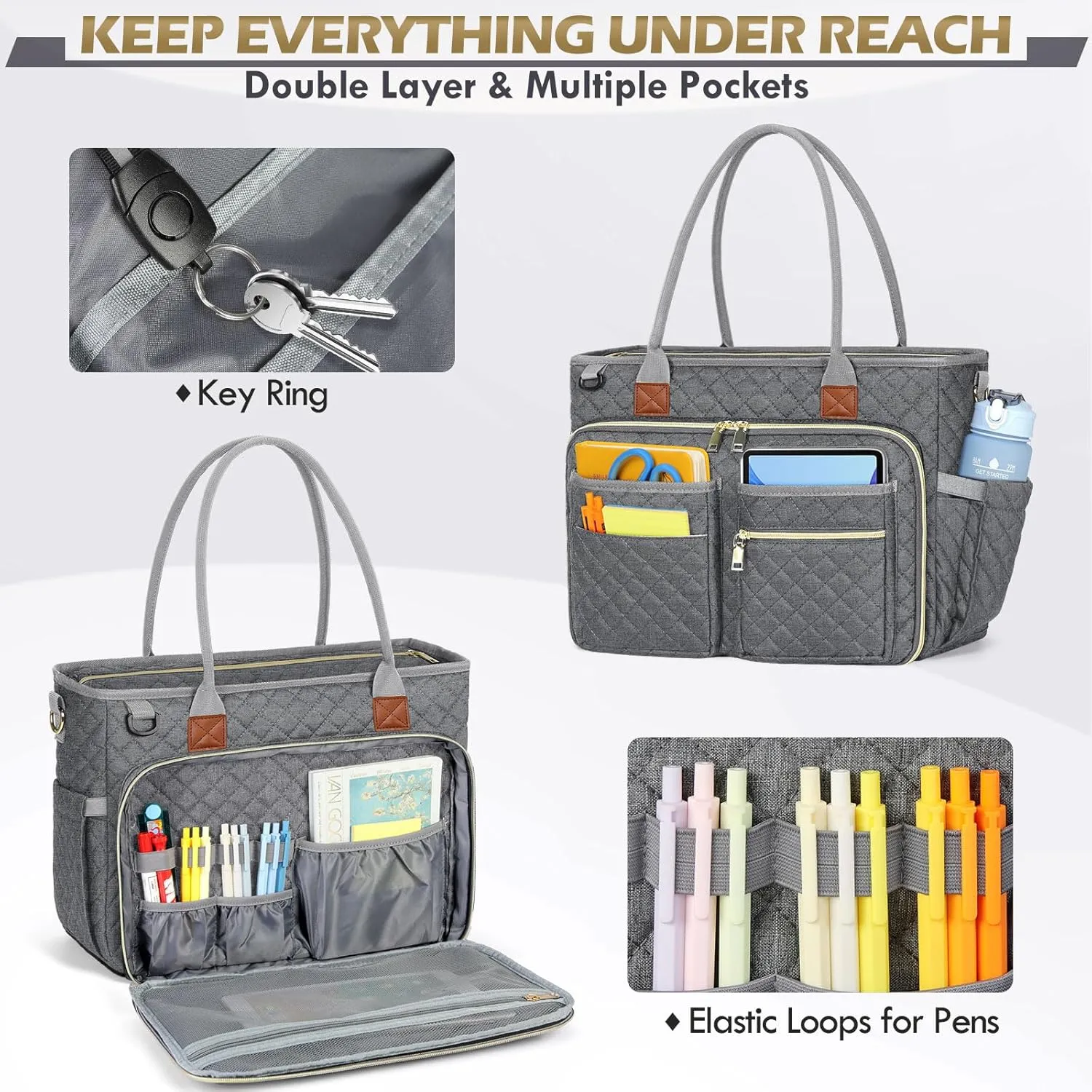 RAINSMORE Teacher Tote Bag 15.6 inch Laptop Bag for Women Work Bags Laptop Tote Nurse Bag Professional Computer Messenger with Insulated Pocket, Laptop Briefcase for Office, College, Nursing, Grey